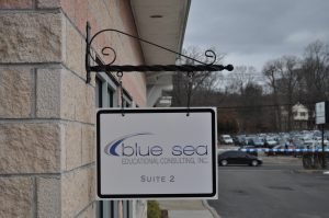 Green Bay Wayfinding Signs outdoor hanging blade sign blue sea building business wayfinding address sign 300x199